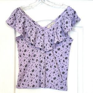 LOFT Cara Crinkle Ruffle Purple Floral Top Size S NWT